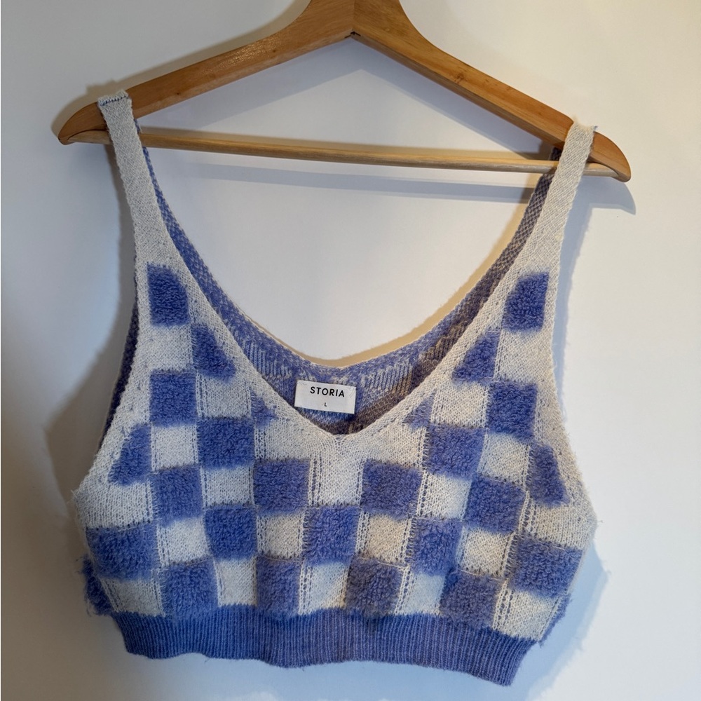 Storia Blue and White Checkered Knit Tank Top